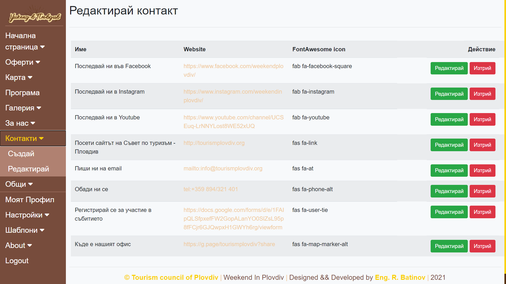 WeekendPlovdiv Admin Contacts List